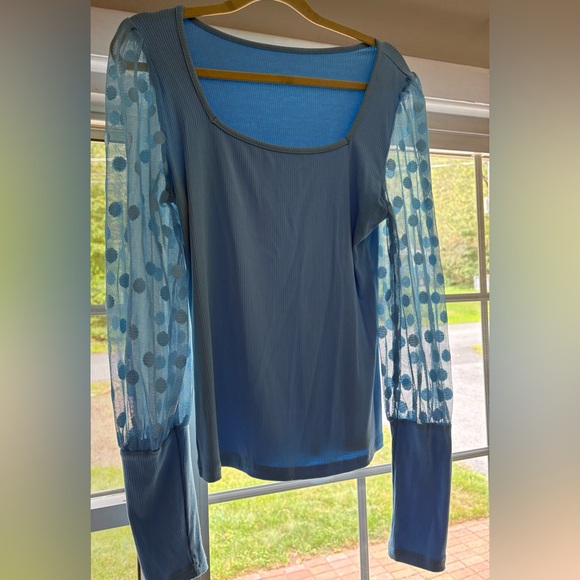 Blue Sheer Sleeve Women's Top - Picture 1 of 5